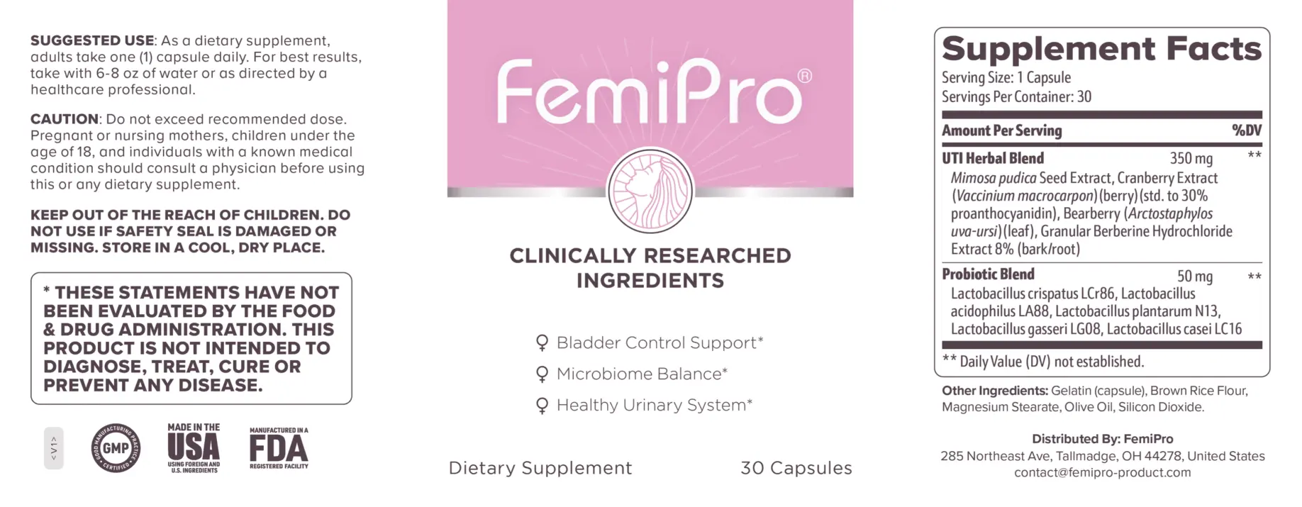 FemiPro supplement facts label